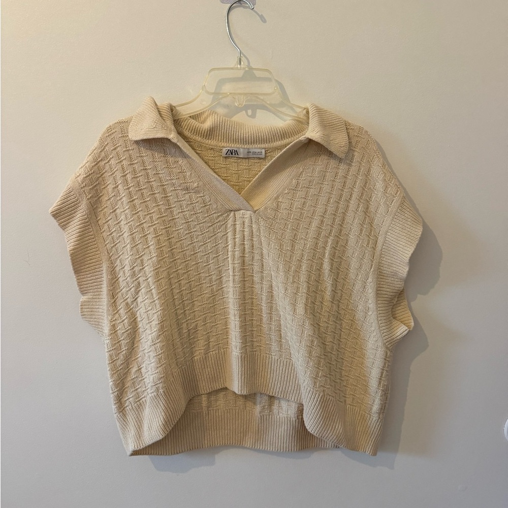 Zara Cream Short-Sleeve Knit Polo Sweater Vest